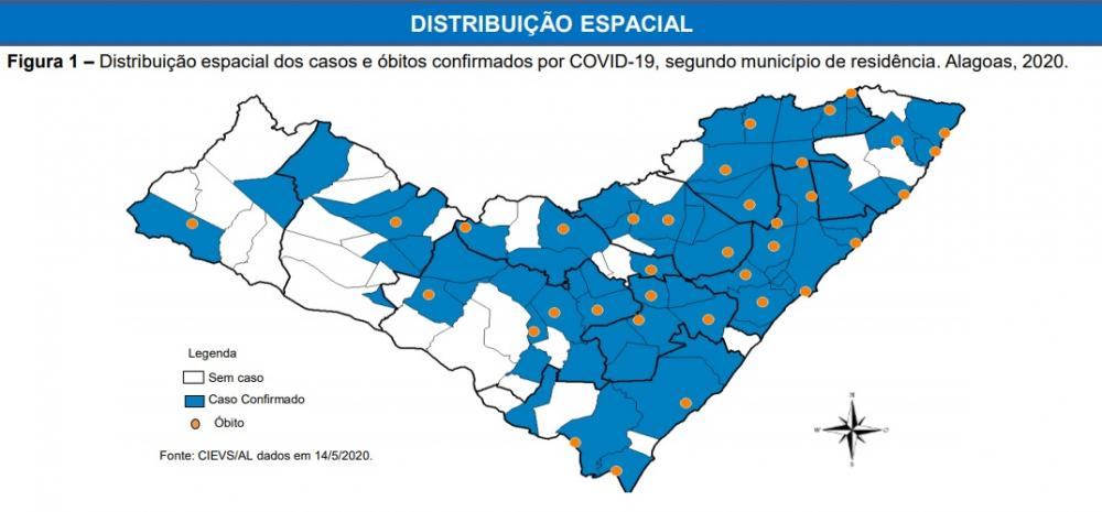 Em azul, cidades alagoanas com óbitos confirmados em decorrência da Covid-19.