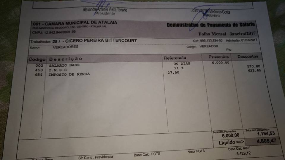 Quinho divulga contracheque de vereador.