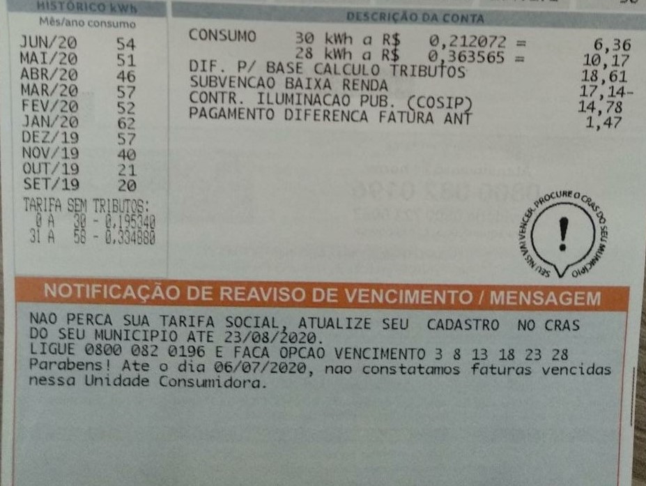 Exemplo do alerta na conta de energia.