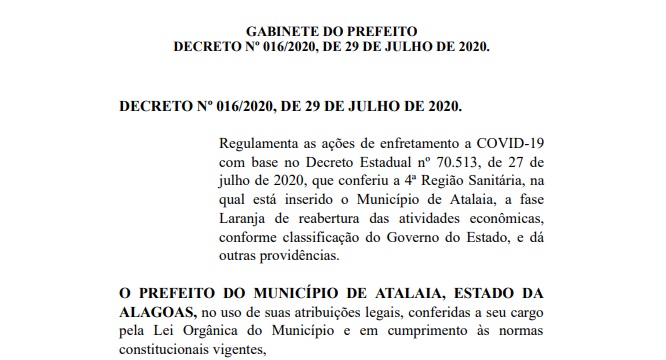DECRETO Nº 016/2020, DE 29 DE JULHO DE 2020.