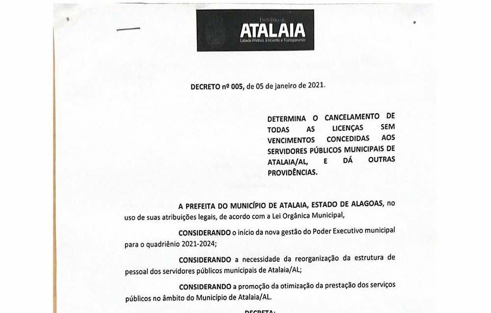 Decreto Municipal 005 de 5 de janeiro de 2020.