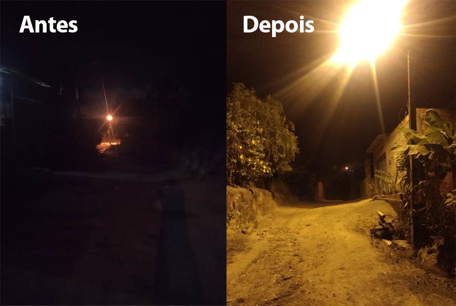 Antes e depois da Rua São José, após reparos na iluminação pública.
