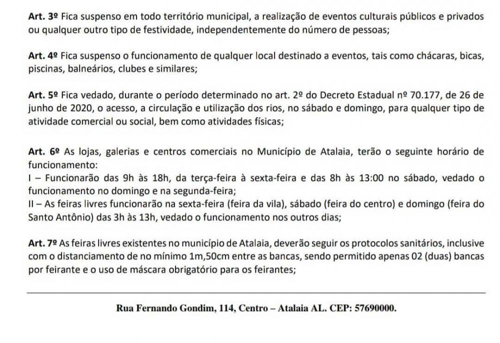 Parte do novo Decreto Municipal de Atalaia.