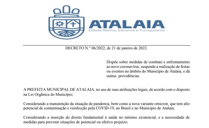 Decreto suspende a realização de festas, eventos e espetáculos no âmbito do município de Atalaia.