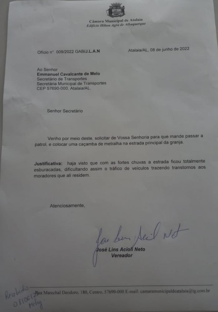 Neto Acioli solicitou melhorias na estrada principal da Granja. 