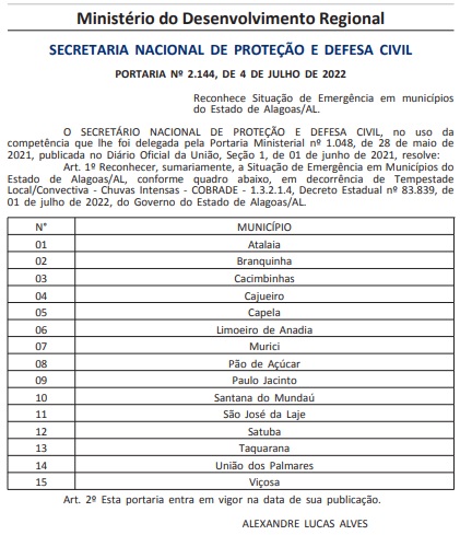 Defesa Civil Nacional reconhece situação de emergência em Atalaia