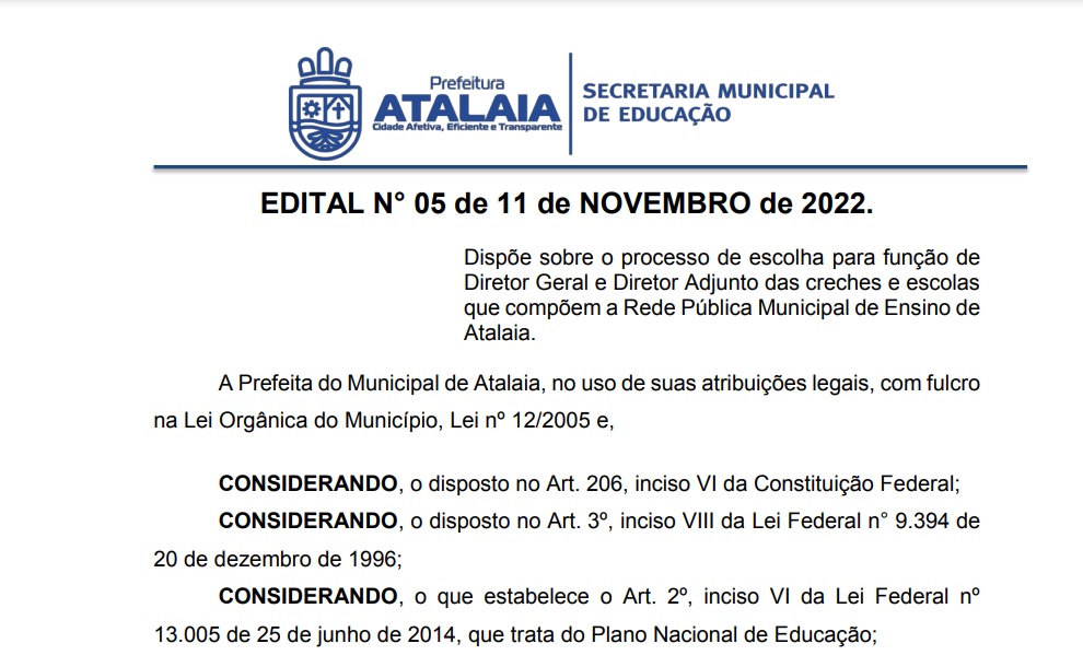 Edital da Gestão Democrática em Atalaia.