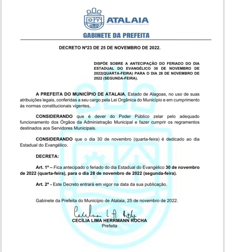 Feriado do Dia do Evangélico foi antecipado para está próxima segunda-feira, 28 de Novembro.